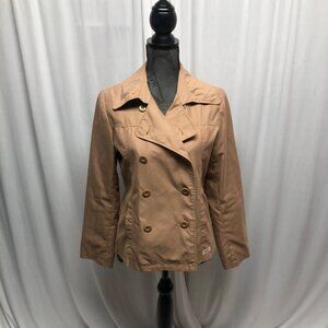 Guess Jeans Double Breasted Pea Coat Womens Size Small Tan Lightweight Jacket